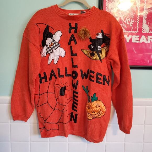 Vintage 80s Orange Halloween Maximalist Beaded Embroidered Sweater Ghost Witch - Picture 5 of 16